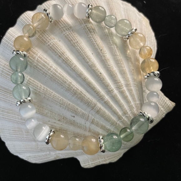 Fight Cancer With Fluorite, Citrine, Selenite, Beaded Stretch Bracelet - Picture 2 of 3